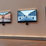 **A digital art gallery in Stockholm:** "A modern digital art gallery in Gamla Stan, Stockholm, showcasing NFTs on sleek screens. Visitors are admiring the digital artwork on display. Focus on the interplay of traditional architecture and futuristic digital art. A subtle hint of Swedish design aesthetics."