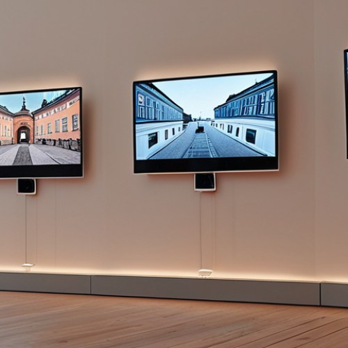 Home 19 **A digital art gallery in Stockholm:** "A modern digital art gallery in Gamla Stan, Stockholm, showcasing NFTs on sleek screens. Visitors are admiring the digital artwork on display. Focus on the interplay of traditional architecture and futuristic digital art. A subtle hint of Swedish design aesthetics."